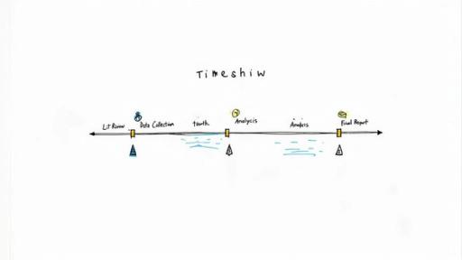 A simple, hand-drawn timeline diagram illustrating steps of a sample research project plan.