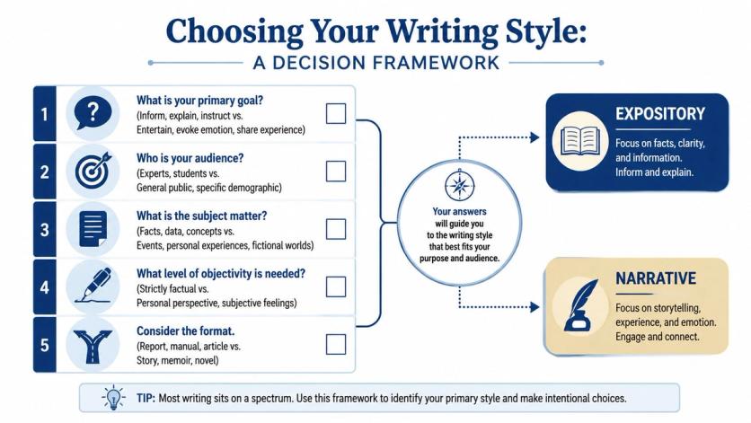 A decision framework infographic for choosing between expository and narrative writing styles based on five key factors.