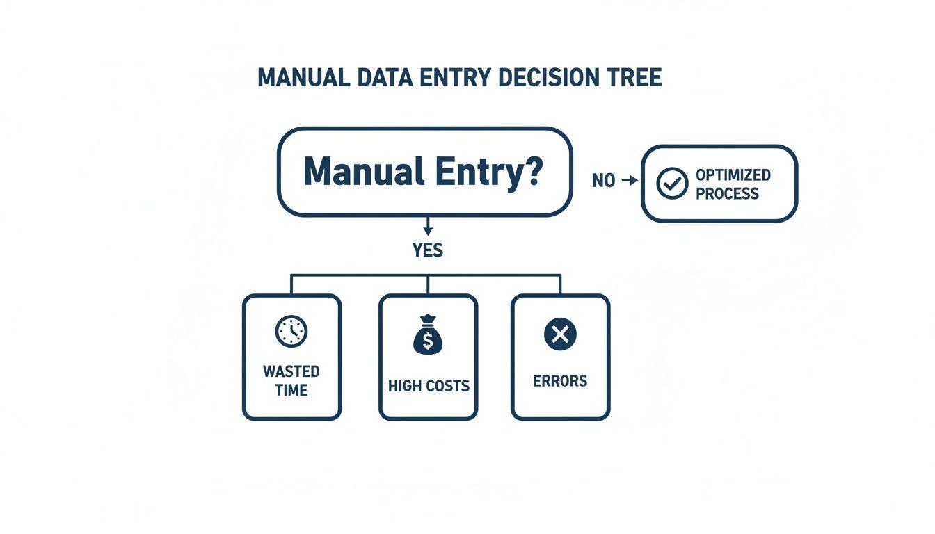 A manual data entry decision tree flowchart showing negative outcomes of manual entry versus an optimized process.