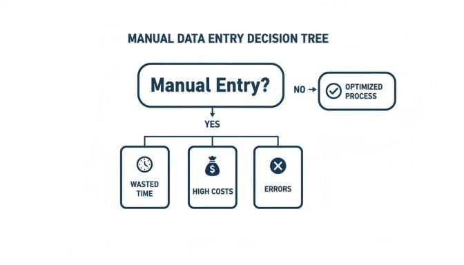 A manual data entry decision tree flowchart showing negative outcomes of manual entry versus an optimized process.