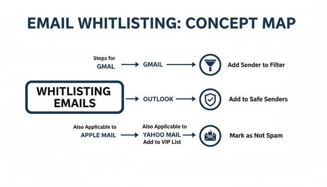 A concept map showing steps to whitelist emails in Gmail, Outlook, Apple Mail, and Yahoo Mail.
