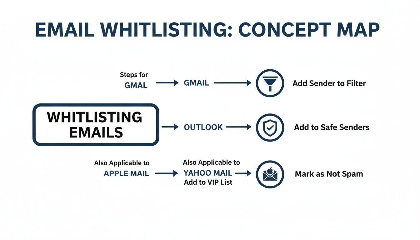 A concept map showing steps to whitelist emails in Gmail, Outlook, Apple Mail, and Yahoo Mail.