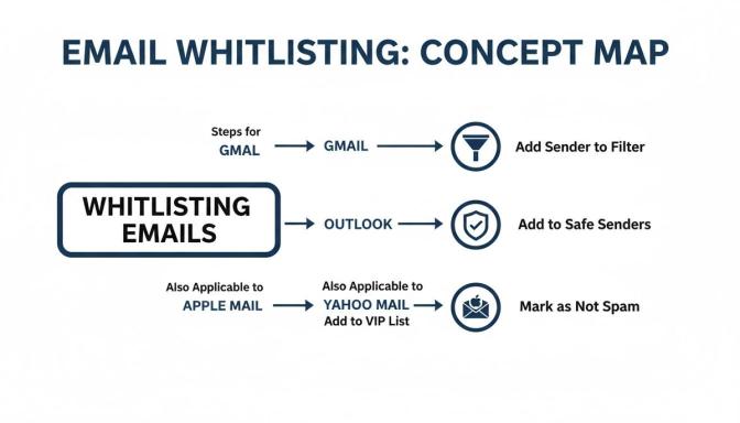 A concept map showing steps to whitelist emails in Gmail, Outlook, Apple Mail, and Yahoo Mail.