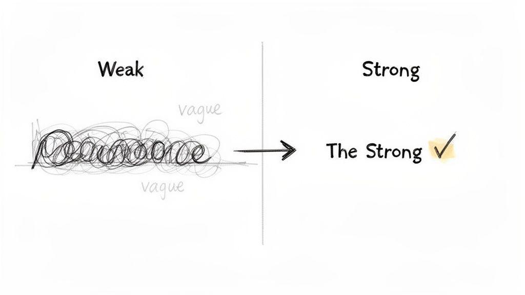 Illustration showing vague, scribbled text under 'Weak' transitioning to clear 'The Strong' text with a checkmark.