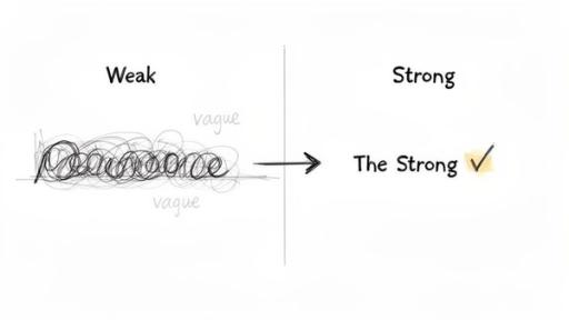 Illustration showing vague, scribbled text under 'Weak' transitioning to clear 'The Strong' text with a checkmark.