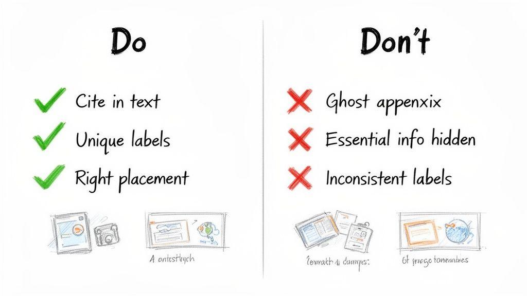 A "Do and Don't" list for referencing appendices or figures, highlighting best practices like unique labels and proper placement.