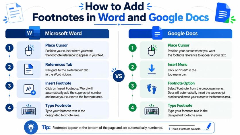 A visual guide showing step-by-step instructions for adding footnotes in Microsoft Word and Google Docs.