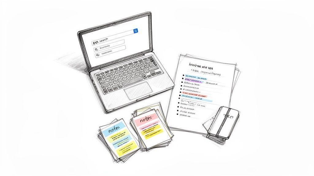 Sketch of a laptop displaying a search bar, organized paper notes, a task list, and a small notebook.