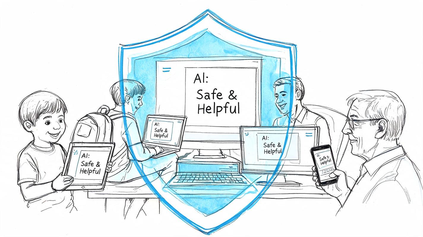 A diverse group of people using various electronic devices displaying the text AI: Safe & Helpful.