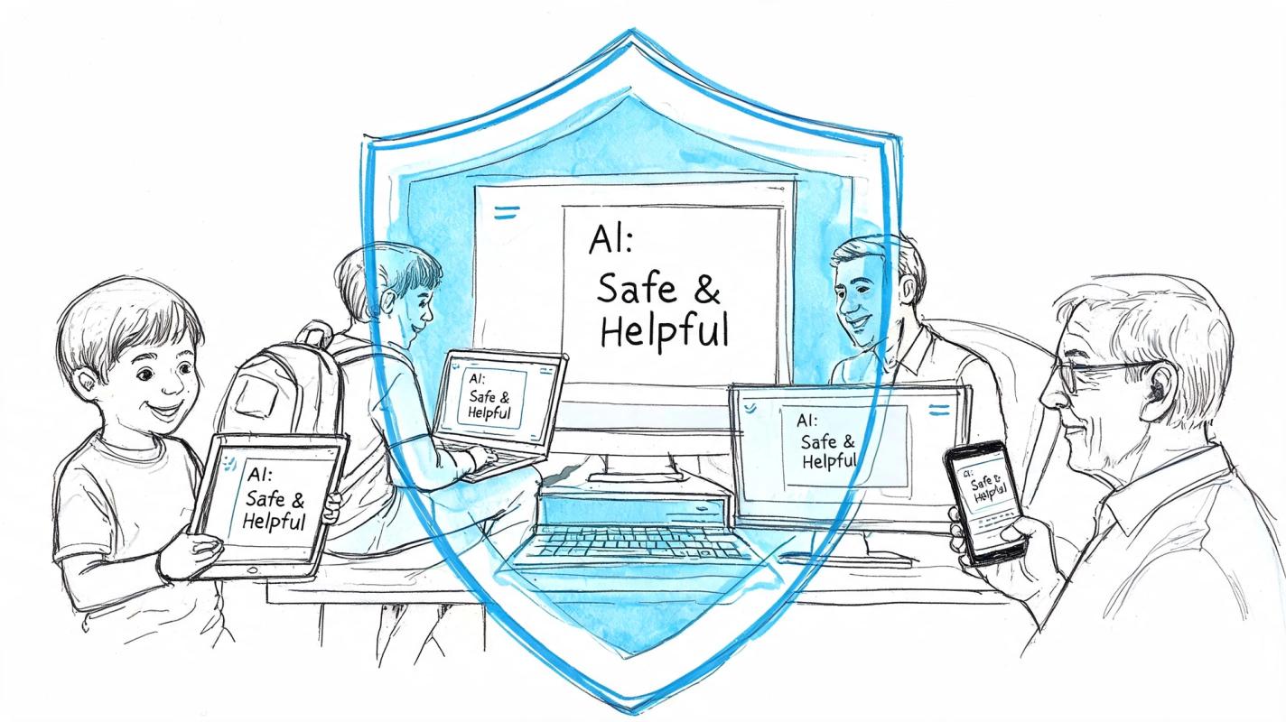 A diverse group of people using various electronic devices displaying the text AI: Safe & Helpful.
