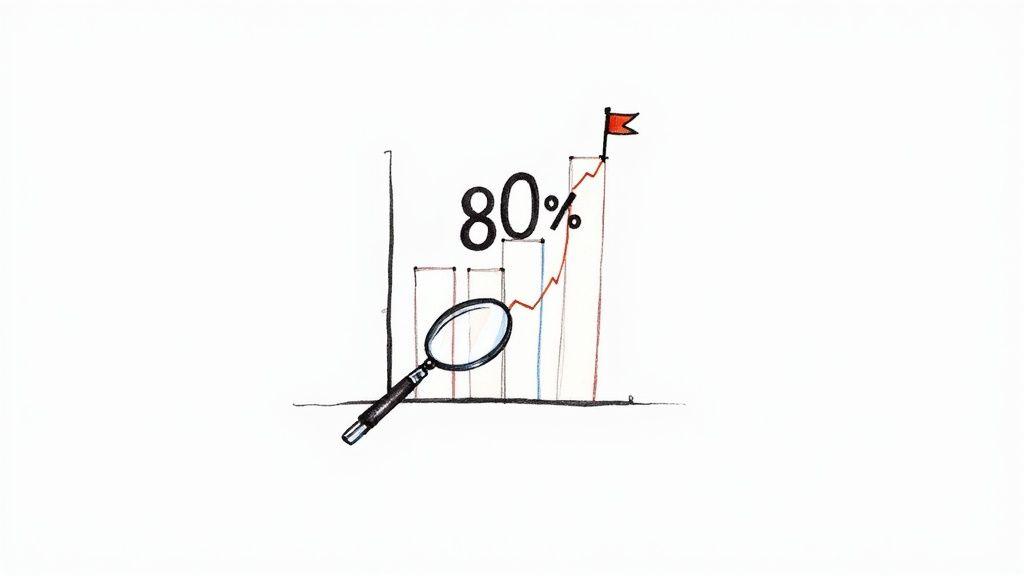 A hand-drawn bar chart shows 80% growth with an upward trend line, magnifying glass, and a red flag.