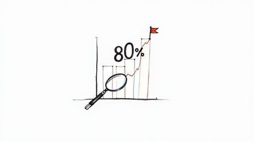 A hand-drawn bar chart shows 80% growth with an upward trend line, magnifying glass, and a red flag.