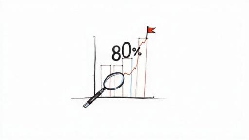A hand-drawn bar chart shows 80% growth with an upward trend line, magnifying glass, and a red flag.