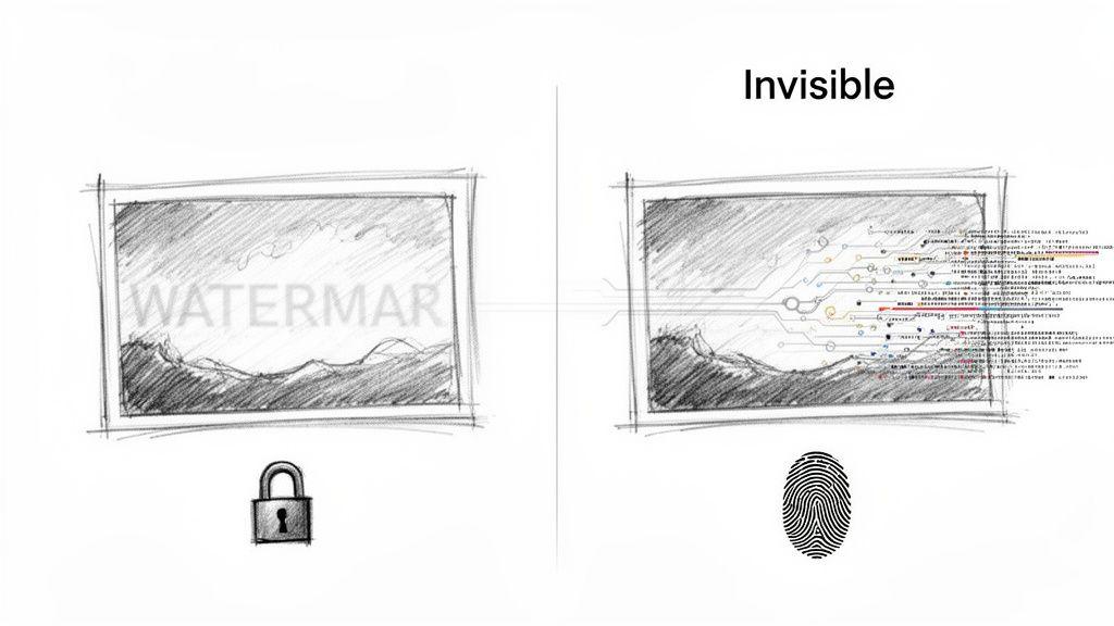 Comparison of visible image watermarking with a padlock versus invisible digital watermarking with a fingerprint and code.
