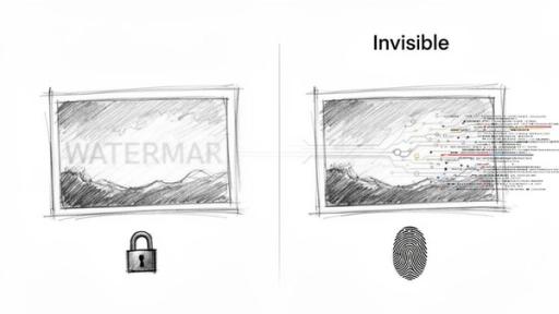 Comparison of visible image watermarking with a padlock versus invisible digital watermarking with a fingerprint and code.