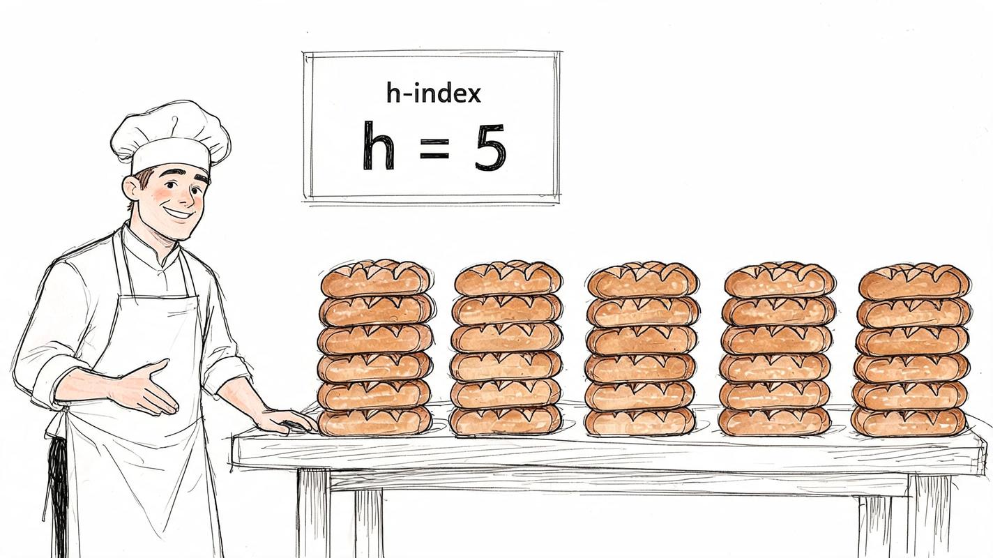A chef standing next to a table with five stacks of bread illustrating the h-index concept.