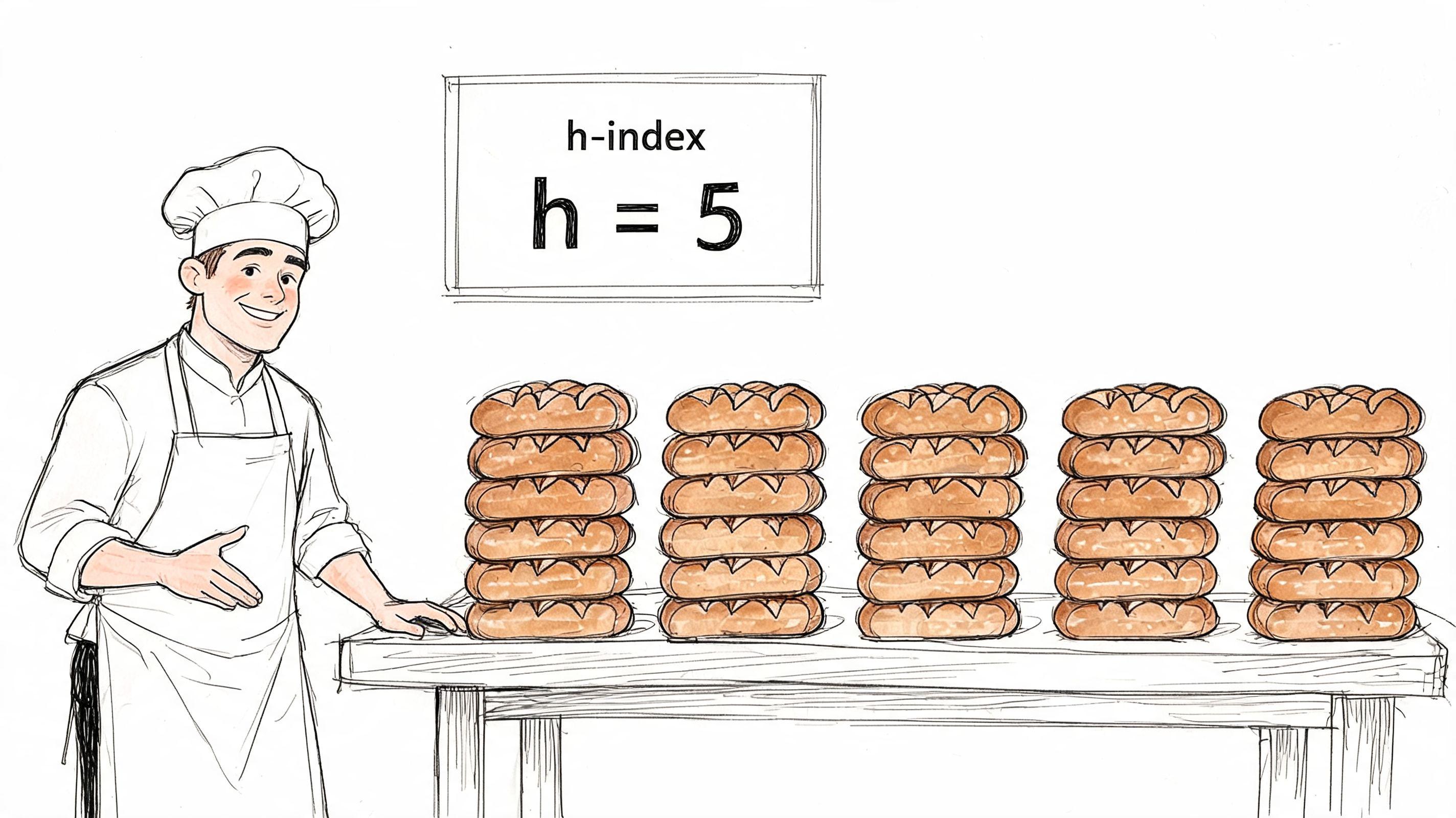 A chef standing next to a table with five stacks of bread illustrating the h-index concept.
