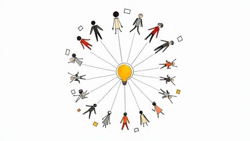 A central light bulb radiating lines to diverse stick figures, symbolizing shared ideas and collaboration.