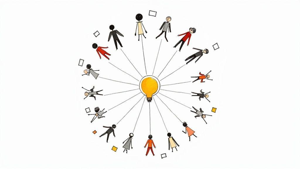 A central light bulb radiating lines to diverse stick figures, symbolizing shared ideas and collaboration.