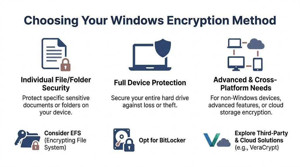 An infographic showing Windows encryption methods including individual file security, full device protection, and cross-platform solutions.