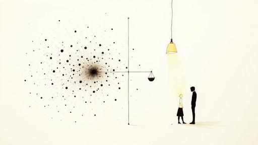 Stylized illustration featuring an abstract explosion of dots, a balance scale, and two people under a lightbulb.