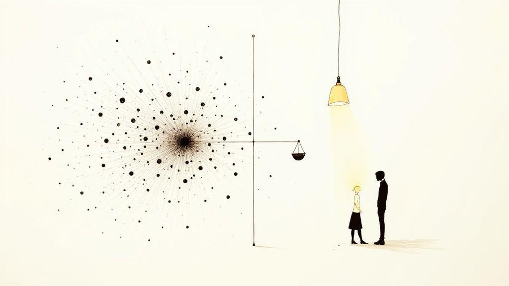 Stylized illustration featuring an abstract explosion of dots, a balance scale, and two people under a lightbulb.