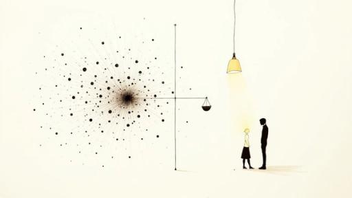 Stylized illustration featuring an abstract explosion of dots, a balance scale, and two people under a lightbulb.