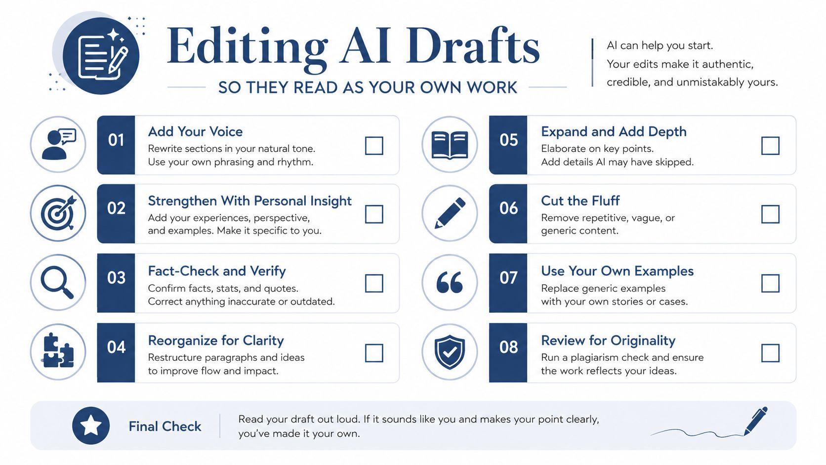 An infographic titled Editing AI Drafts featuring eight tips to humanize and improve AI-generated written content.