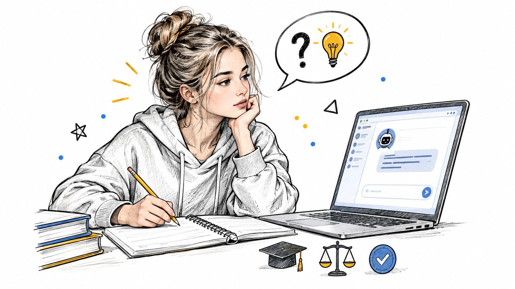 A student girl sitting at a desk with books, writing in a notebook while using a laptop.