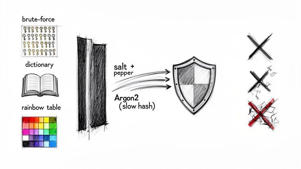 Diagram showing brute-force, dictionary, and rainbow table attacks prevented by Argon2 slow hashing with salt and pepper, indicated by a shield and crossed-out Xs.