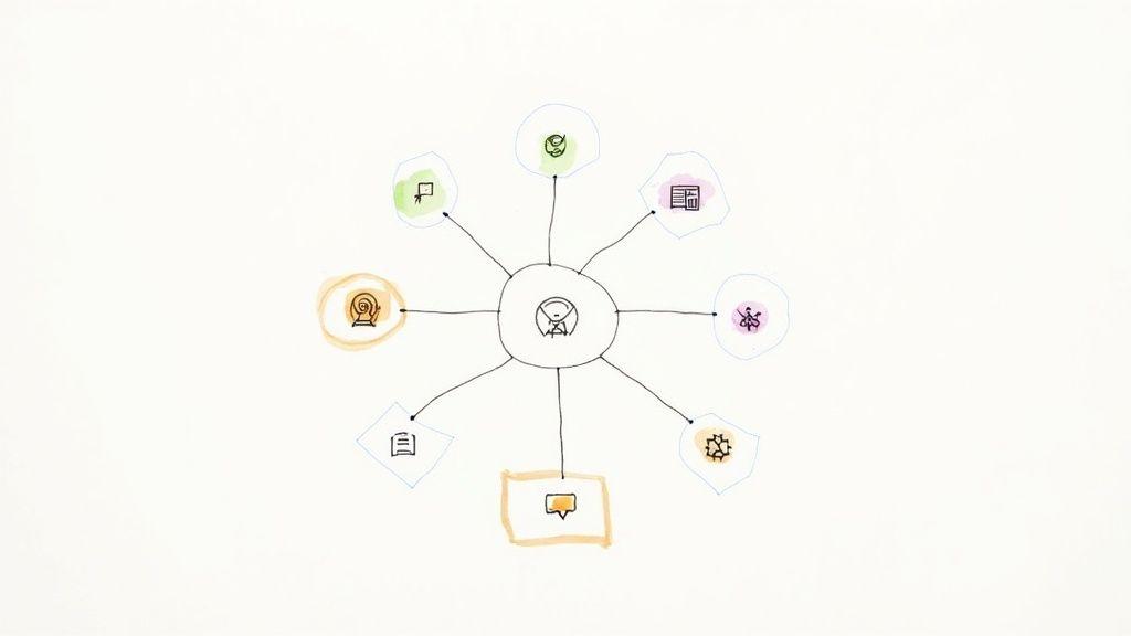 A hand-drawn mind map showing a central figure connected to eight different icons representing concepts or tasks.