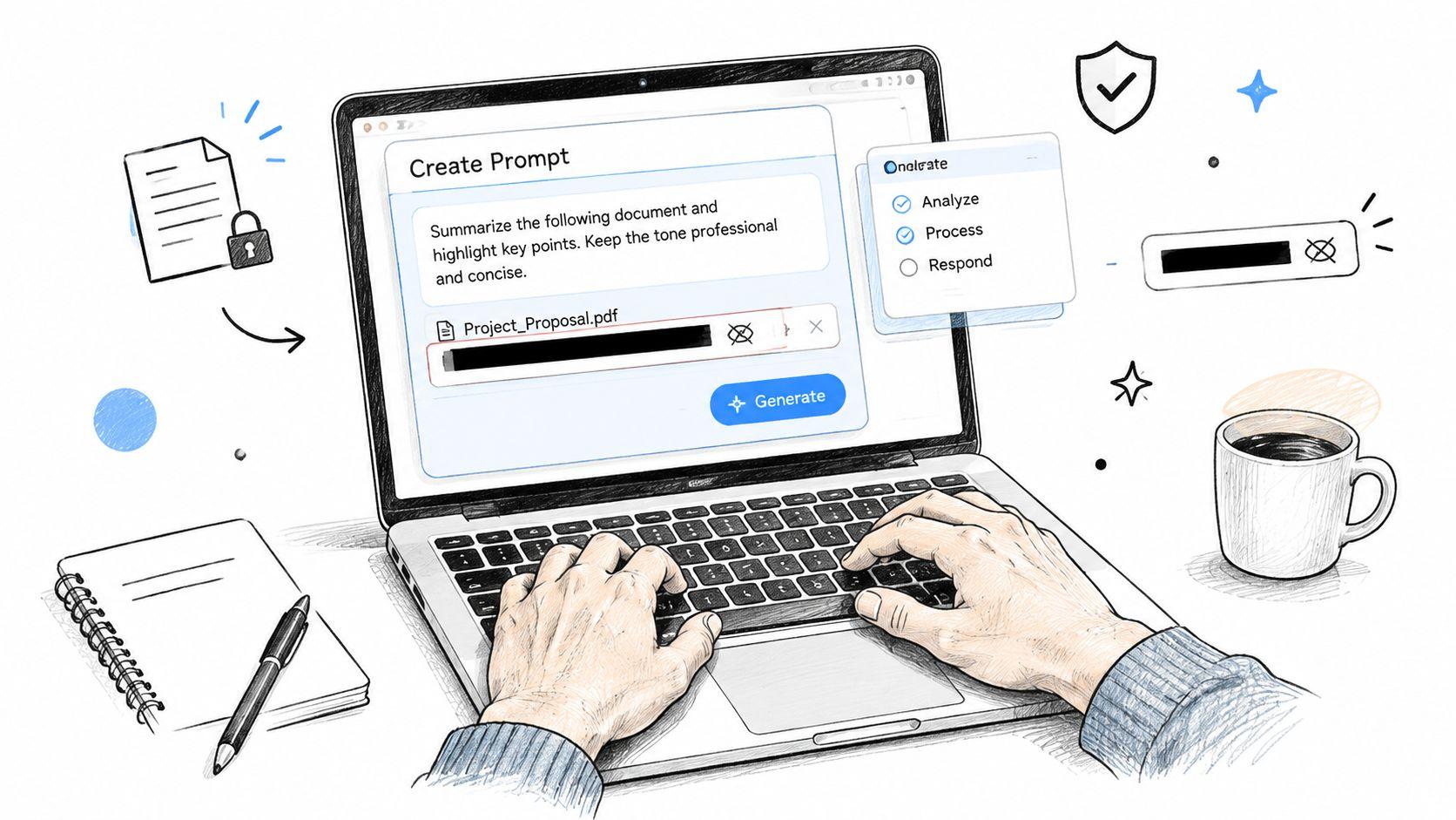A digital illustration showing a person using AI tools to securely summarize a PDF project proposal document.