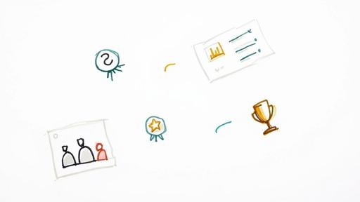 A collection of hand-drawn icons representing achievements, data, and teamwork, on a white background.