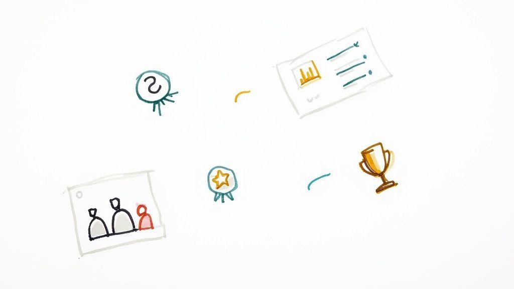 A collection of hand-drawn icons representing achievements, data, and teamwork, on a white background.