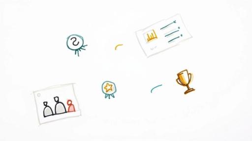 A collection of hand-drawn icons representing achievements, data, and teamwork, on a white background.