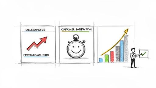 Hand-drawn business diagram illustrating improved efficiency, customer satisfaction, and growth through data and metrics.