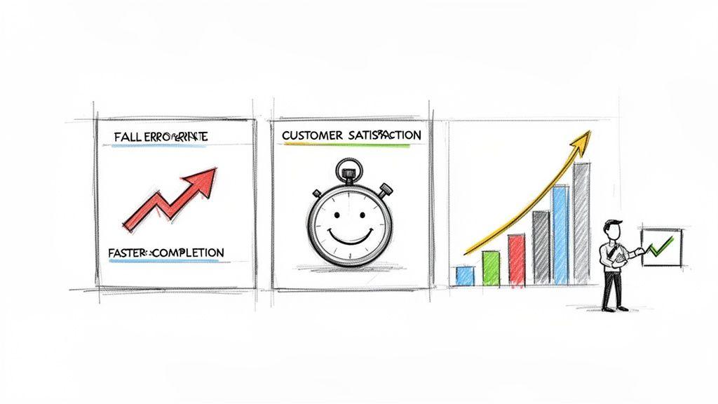 Hand-drawn business diagram illustrating improved efficiency, customer satisfaction, and growth through data and metrics.