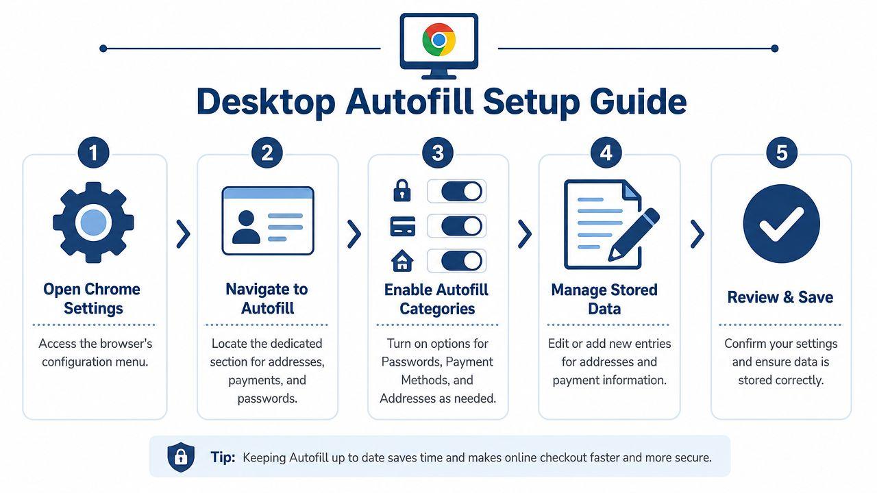 A step-by-step infographic titled Desktop Autofill Setup Guide illustrating how to configure autofill settings in Google Chrome.