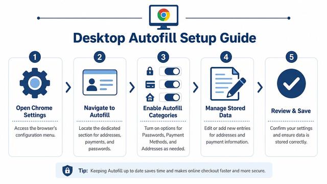 A step-by-step infographic titled Desktop Autofill Setup Guide illustrating how to configure autofill settings in Google Chrome.