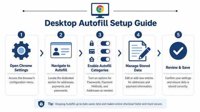 A step-by-step infographic titled Desktop Autofill Setup Guide illustrating how to configure autofill settings in Google Chrome.
