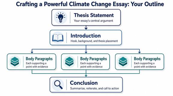 A flowchart diagram titled Crafting a Powerful Climate Change Essay outlining the structure of a formal academic essay.