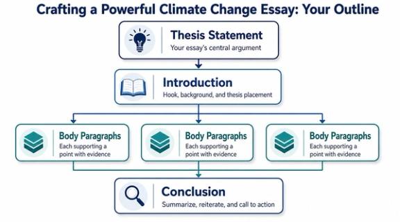 A flowchart diagram titled Crafting a Powerful Climate Change Essay outlining the structure of a formal academic essay.