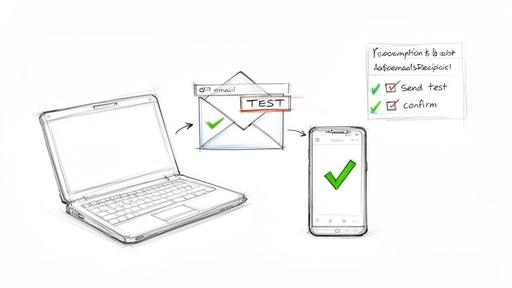 Sketch illustrating sending a test email from a laptop to a smartphone, showing successful delivery.
