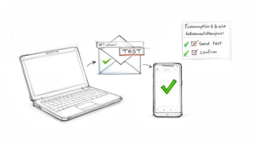 Sketch illustrating sending a test email from a laptop to a smartphone, showing successful delivery.