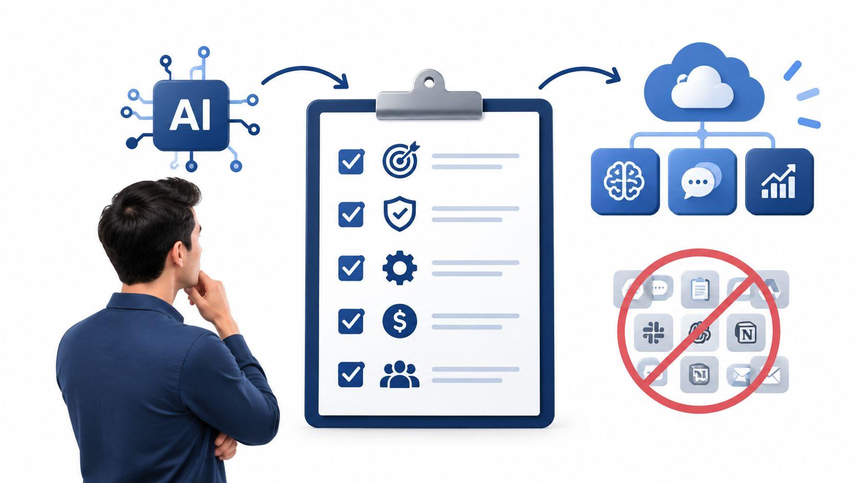 A businessman thoughtfully analyzing an AI-driven task management system with a clipboard and cloud productivity tools.