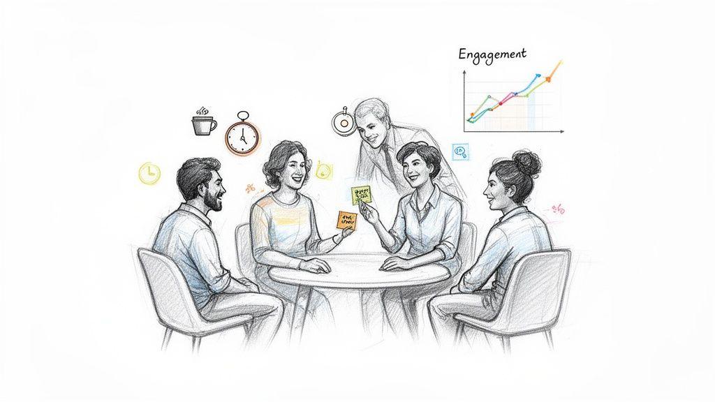 A sketch of five diverse professionals collaborating around a table with sticky notes, surrounded by productivity icons and an engagement graph.