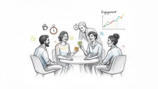 A sketch of five diverse professionals collaborating around a table with sticky notes, surrounded by productivity icons and an engagement graph.