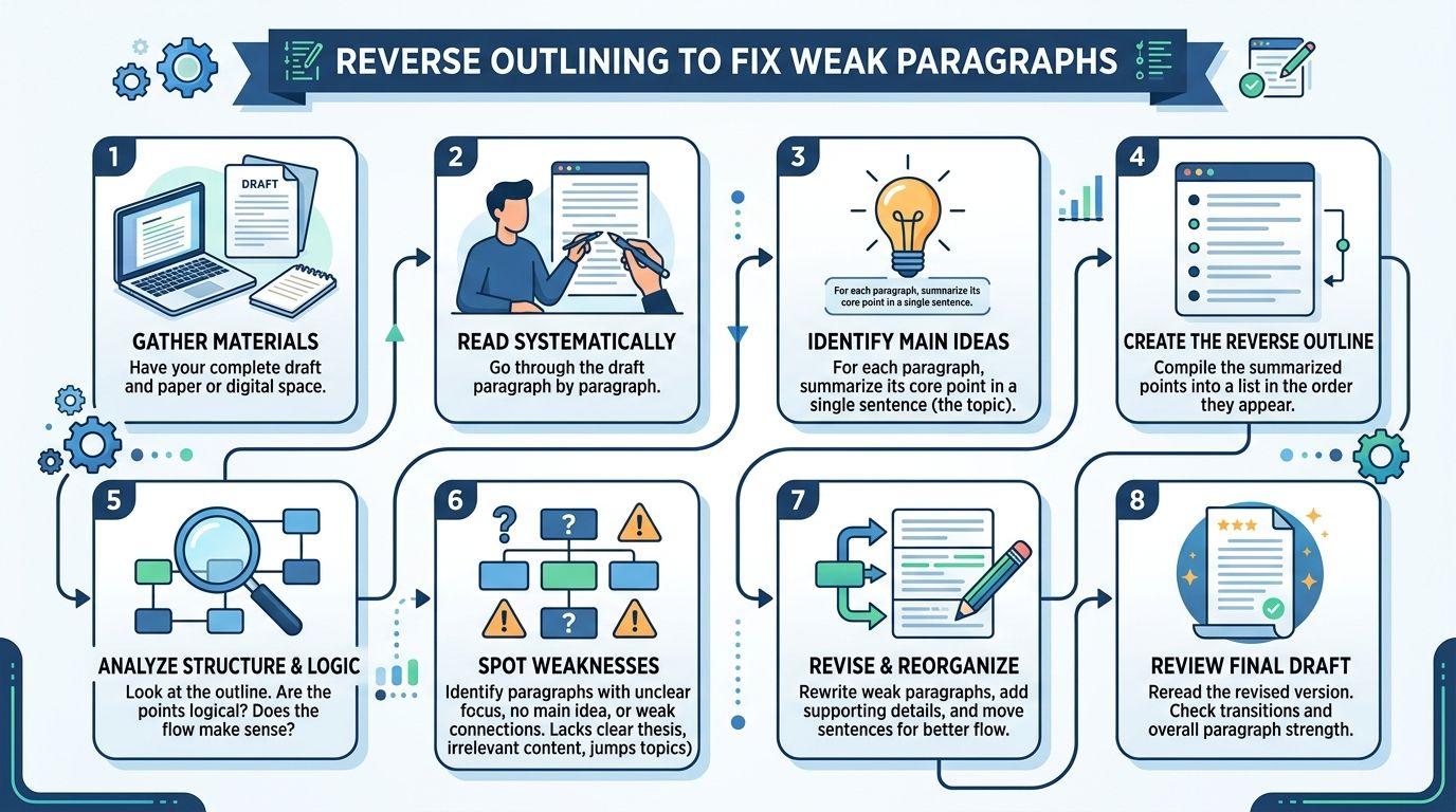A step-by-step infographic titled Reverse Outlining to Fix Weak Paragraphs explaining how to improve writing structure.