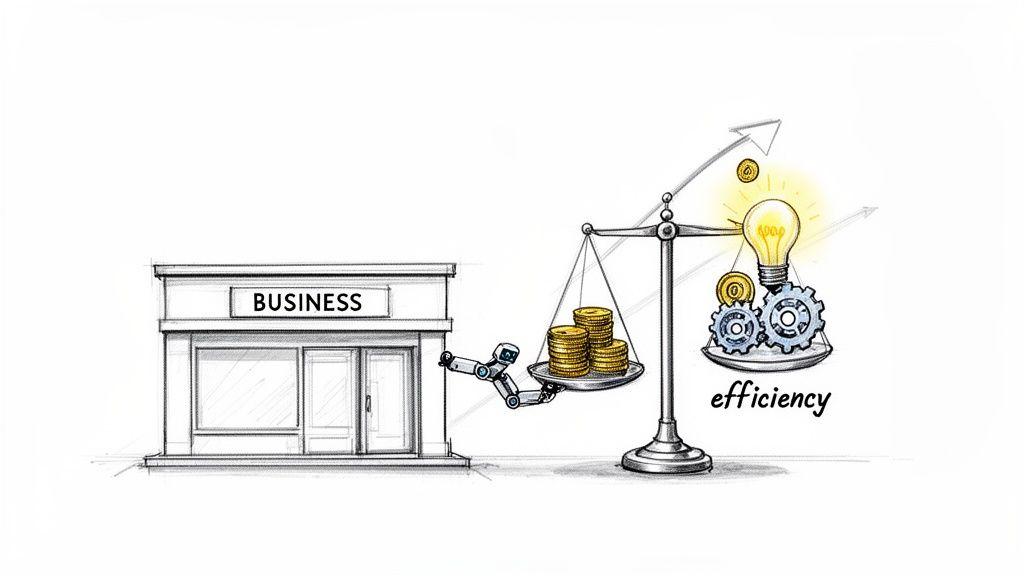 Robot arm connects a business to a balance scale showing financial gain from efficiency and innovation.