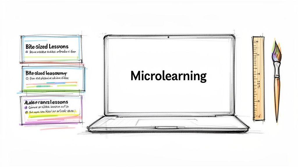 Sketch illustrating microlearning concepts with a laptop displaying 'Microlearning,' bite-sized lessons, ruler, and paintbrush.